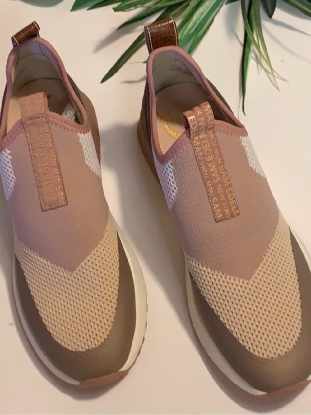 Sam Edelman Slip-On Knit Sneakers in Blush Pink and Taupe
